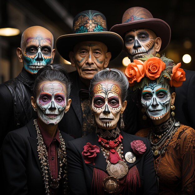 una foto de varias personas con disfraces y caras de miedo para la celebración del día de los muertos