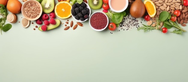 Foto foto de una variedad colorida de frutas y verduras frescas en una mesa con espacio para copiar