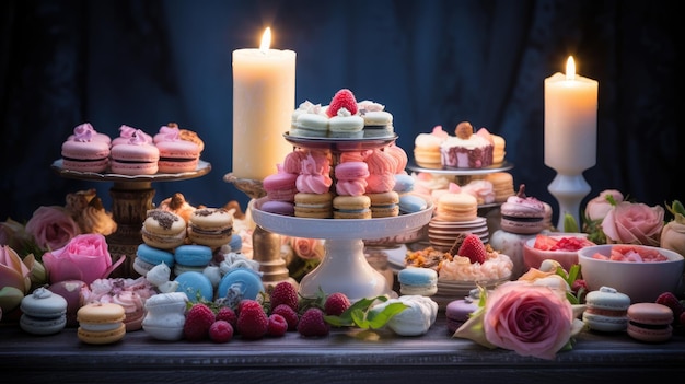 Una foto de una variedad festiva de postres en un telón de fondo de un evento elegante de celebración