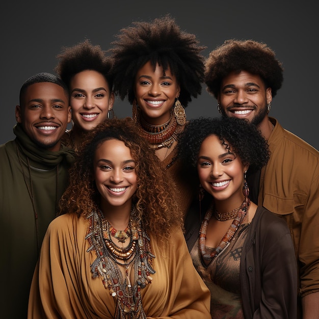 Foto de varios africanos negros de cabello rizado con expresiones felices