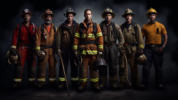 Foto de varios bomberos con fondo negro.