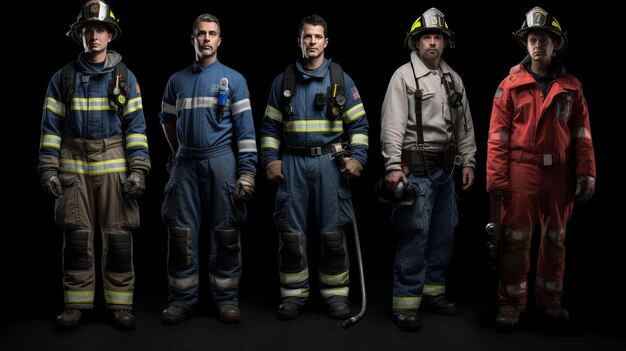 Foto de varios bomberos con fondo negro.