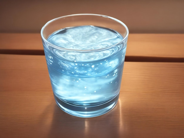 Foto de un vaso de agua sobre una mesa de madera generada por ai