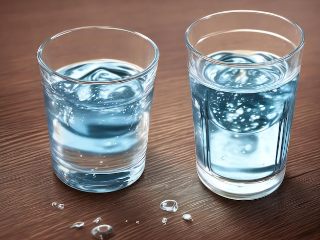 Foto de un vaso de agua sobre una mesa de madera generada por ai