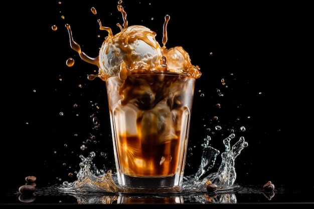 Foto de un vaso de café helado con helado y un chorrito de agua.