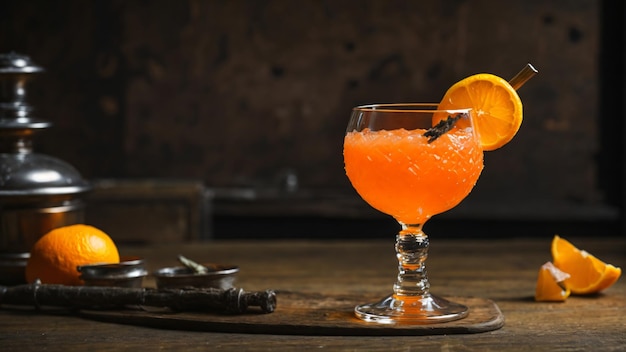 Foto de un vaso de cóctel de naranja adornado con rodajas de naranja