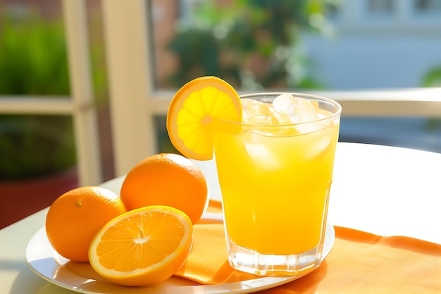 Foto foto de un vaso de jugo de naranja con hielo y una rebanada