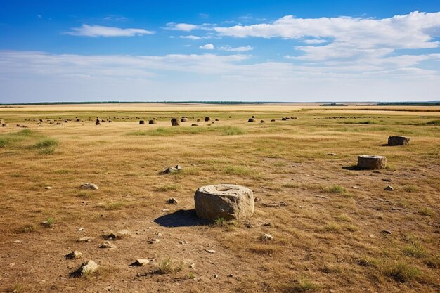 Foto de una vasta llanura estéril llena de antiguas estatuas monolíticas de piedra