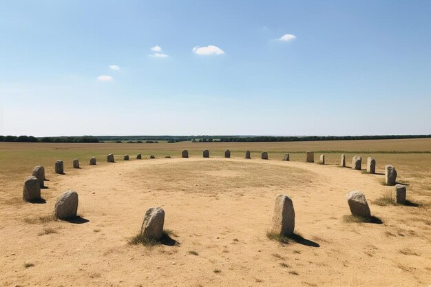 Foto de una vasta llanura estéril llena de antiguas estatuas monolíticas de piedra