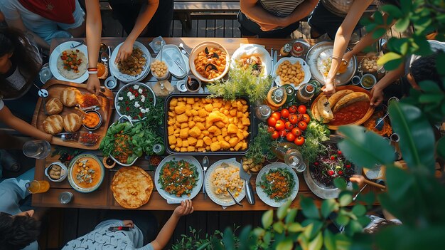 Foto de vecinos que organizan una cena en un concepto de vacaciones multicultural del Festival de Vancou