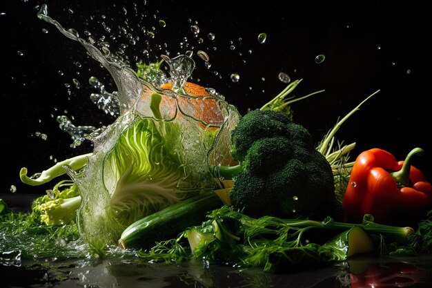 Una foto de vegetales con gotitas de agua en el fondo.