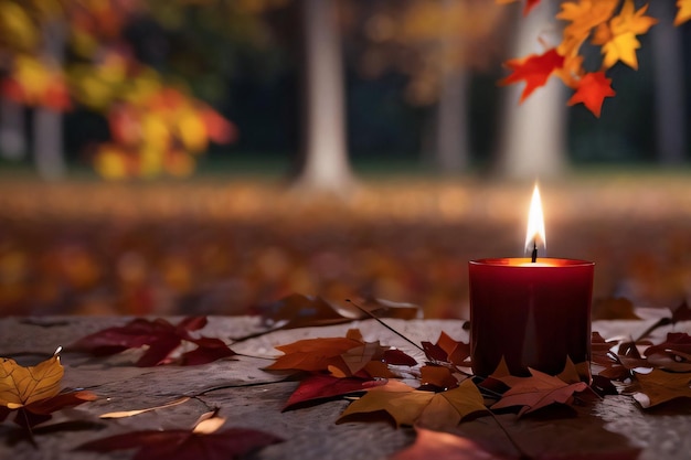 Foto de la vela y el papel tapiz de las hojas de otoño