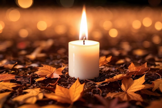Foto de la vela y el papel tapiz de las hojas de otoño