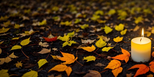 Una foto de una vela rodeada de hojas de otoño