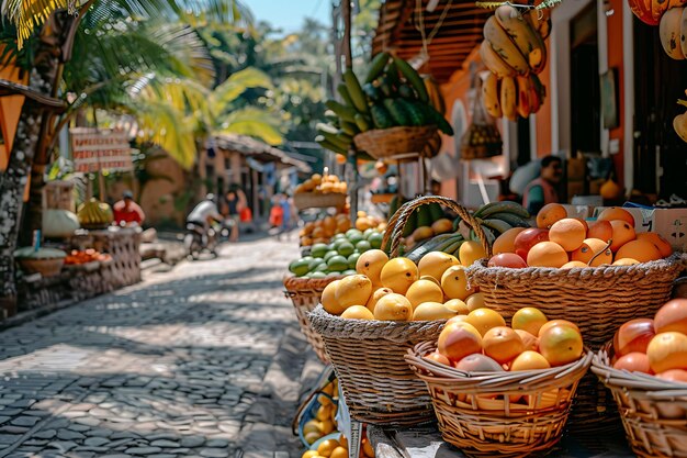 Foto de vendedores callejeros vendiendo frutas tropicales en Brasil con Overfl Market Job Care Community