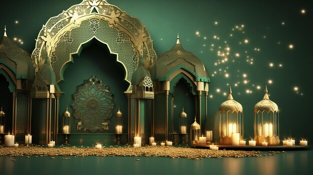 Foto verde e dourado eid mubarak design islâmico