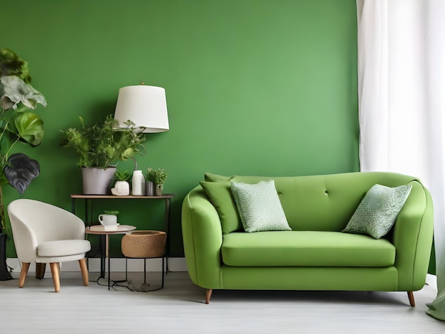 Foto verde morden interior da sala de estar com sofá branco poltrona mesa e lâmpada e fundo de parede verde