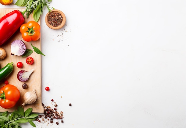 Foto de verduras de diferentes colores en la tabla de cortar y vista superior de fondos vegetales