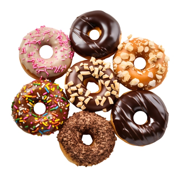 Foto verschiedener bunter Donuts, isoliert auf weißem Hintergrund