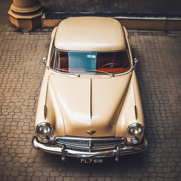 foto vertical da frente de um carro beige retro