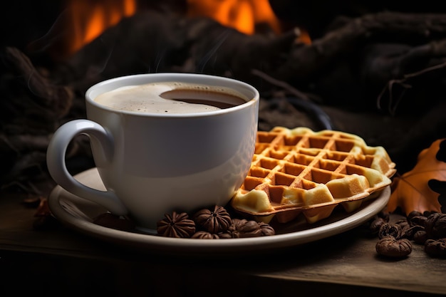 foto vertical de café quente com waffles