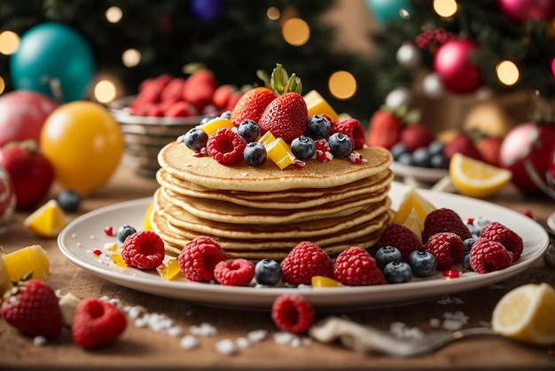 foto vertical de deliciosas panquecas de tofu vegano com frutas coloridas