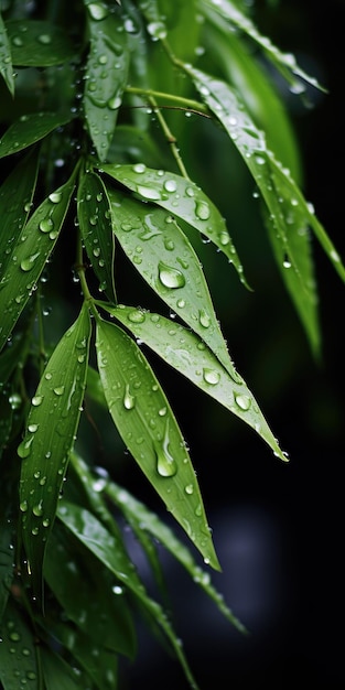 foto vertical de galhos de bambu com gotas de chuva Foto de alta qualidade IA generativa