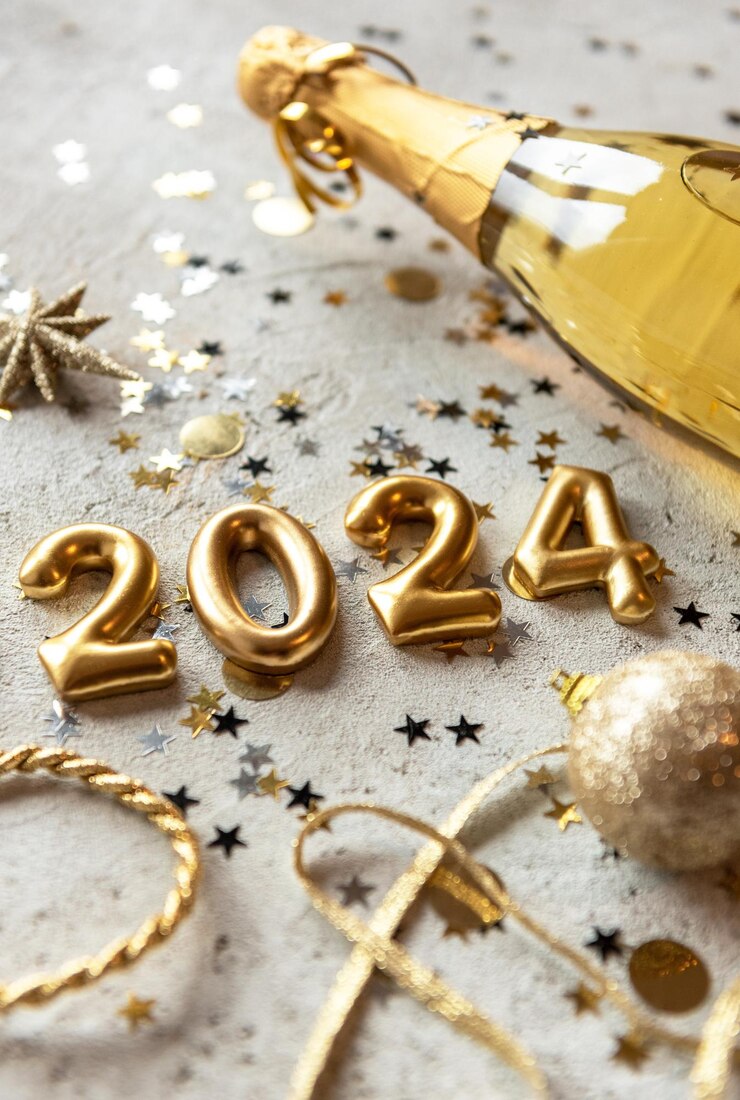 Foto foto vertical de números dourados de ano novo de 2024 com confete e garrafa de champanhe