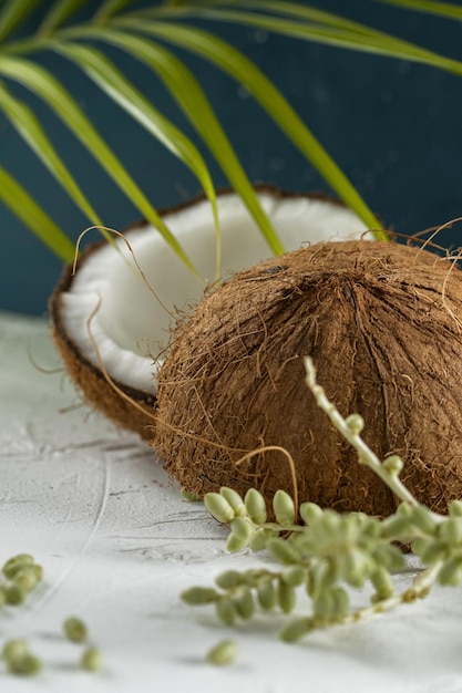 Foto vertical de um coco com uma erva verde e um primeiro plano de folha de planta exótica