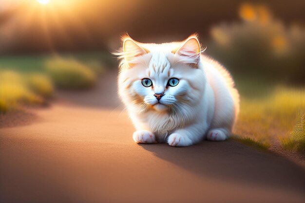 Foto vertical de um gato branco no chão sob a luz do sol