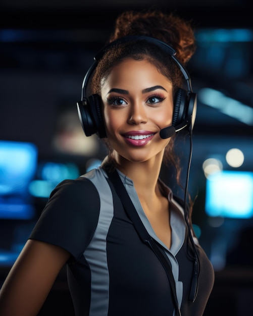 Foto vertical de uma agente de suporte ao cliente afro-americana trabalhando em um call center