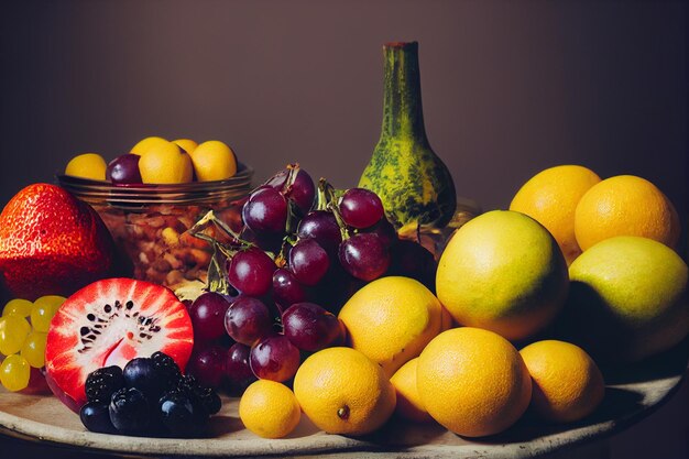 Foto vertical de uma deliciosa cesta de frutas frescas colhidas