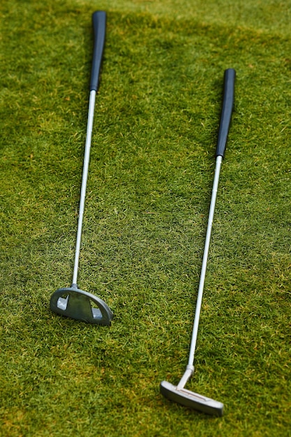 Foto vertical Dos palos de golf sobre la hierba verde Deportes profesionales para gente rica