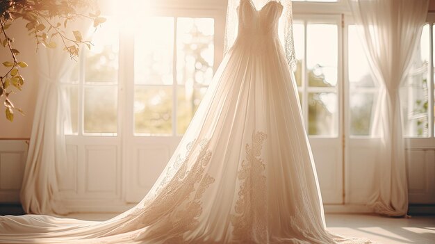 Una foto de un vestido de novia blanco colgado en una habitación iluminada por el sol a la luz natural suave