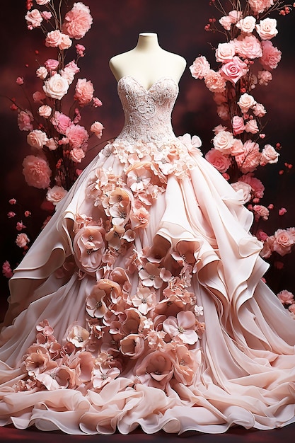 foto Un vestido de novia con fondo de flores rosas
