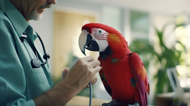 foto de un veterinario realizando un examen de bienestar en un loro