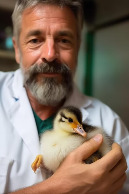 Foto de un veterinario sosteniendo un pato herido para curarlo