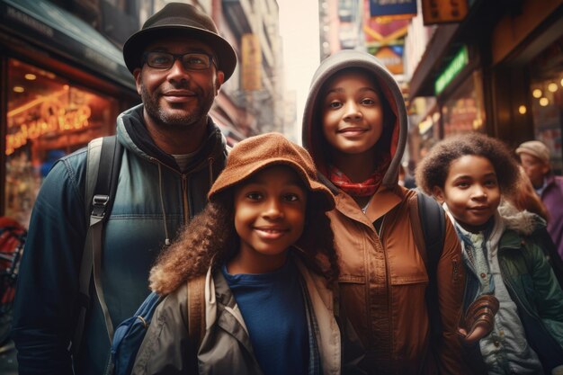 Foto de viaje de una familia diversa explorando una ciudad bulliciosa