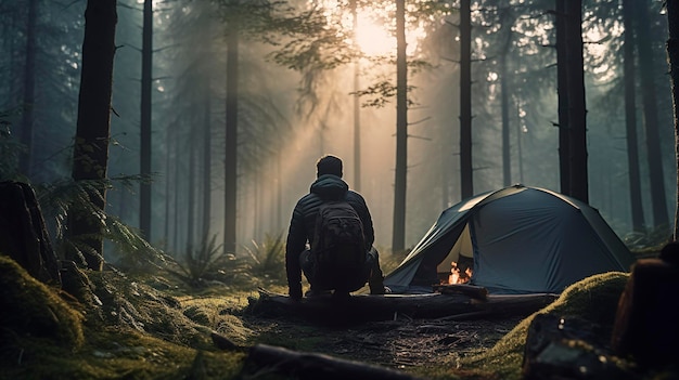 Una foto de un viajero acampando en un bosque prístino.