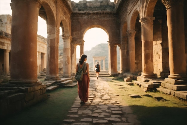 Una foto de un viajero explorando ruinas antiguas en un destino histórico