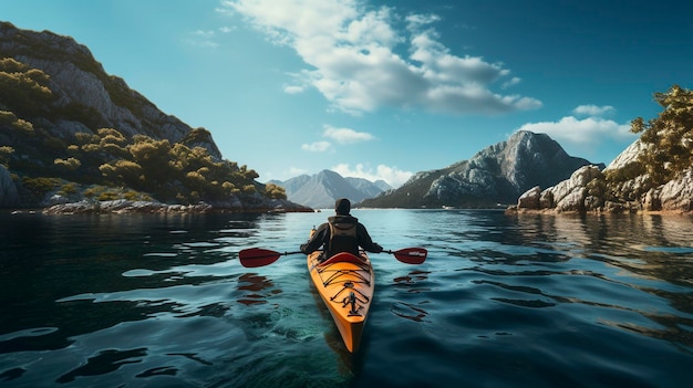 Una foto de un viajero navegando en kayak por aguas remotas.