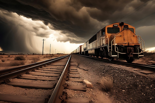 Foto de vías de ferrocarril y vagones dañados