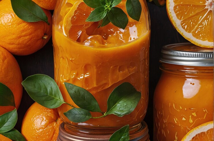Una foto vibrante del batido de jugo de naranja en el frasco de Mason