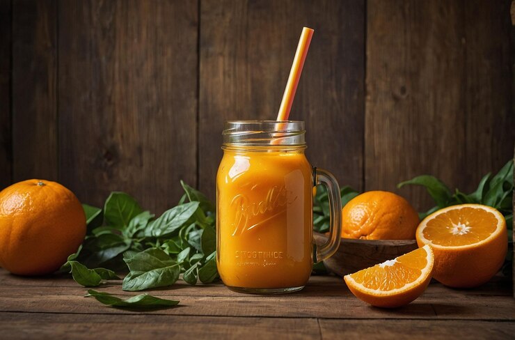 Una foto vibrante del batido de jugo de naranja en el frasco de Mason