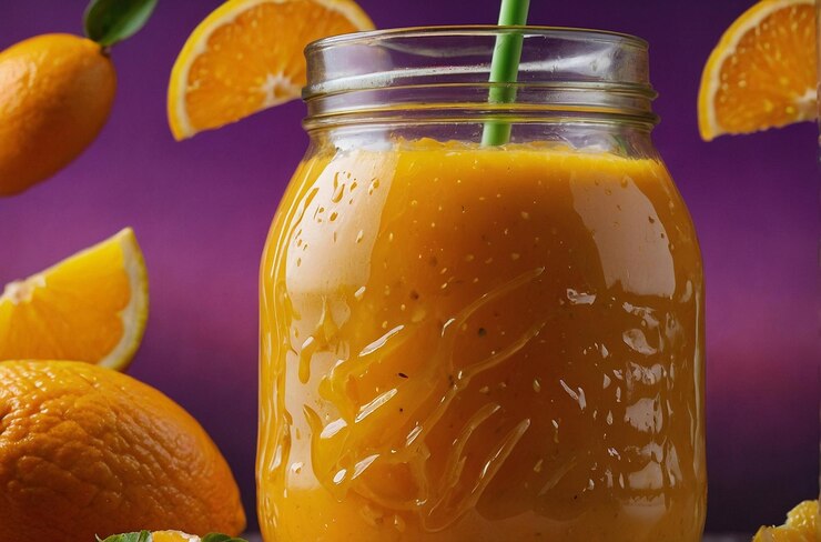 Una foto vibrante de un batido de jugo de naranja en un frasco.