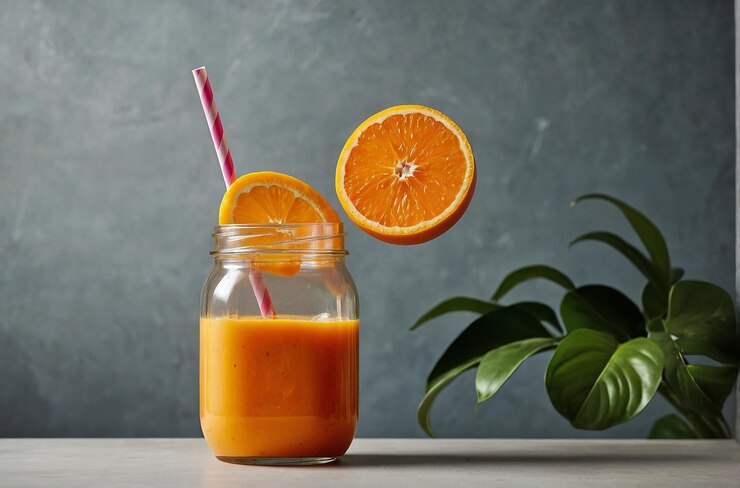 Una foto vibrante de un batido de jugo de naranja en un frasco.