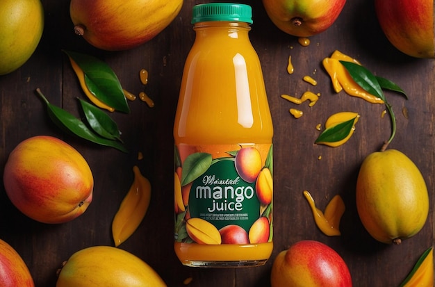 Una foto vibrante de una botella de jugo de mango.