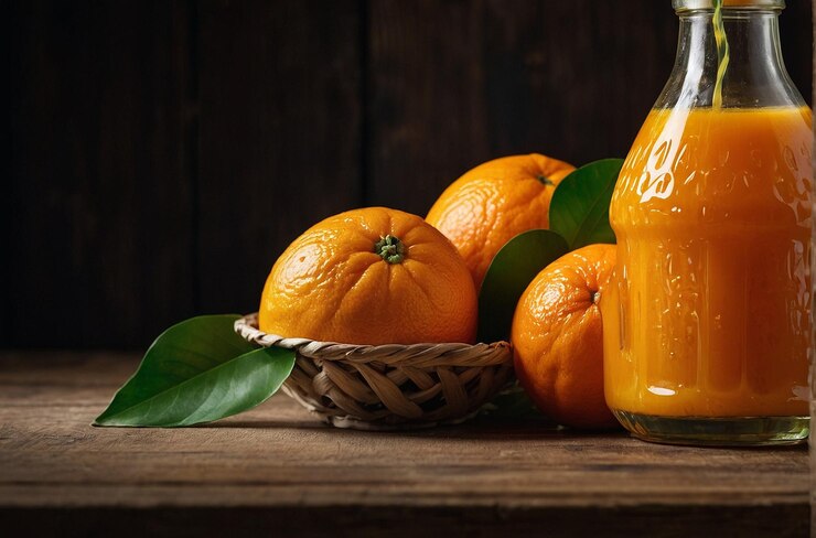 foto vibrante de una botella de jugo de naranja con naranjas frescas