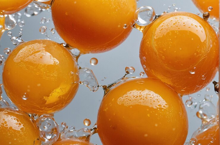 Una foto vibrante de burbujas en jugo de naranja fresco