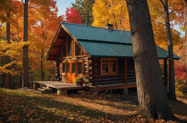 foto vibrante de la cabaña en el otoño